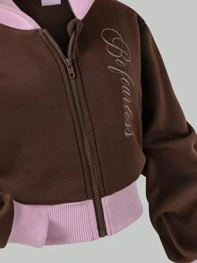SHEIN ChillGRL 女童 2 件套 刷毛拉鍊連帽短夾克 + 直筒長褲套裝，適合日常休閒、Y2K、秋冬度假 - 粉色 - 查看 6
