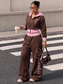 SHEIN ChillGRL 女童 2 件套 刷毛拉鍊連帽短夾克 + 直筒長褲套裝，適合日常休閒、Y2K、秋冬度假 - 粉色 - 查看 9