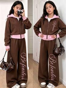 SHEIN ChillGRL 女童 2 件套 刷毛拉鍊連帽短夾克 + 直筒長褲套裝，適合日常休閒、Y2K、秋冬度假 - 粉色 - 查看 4