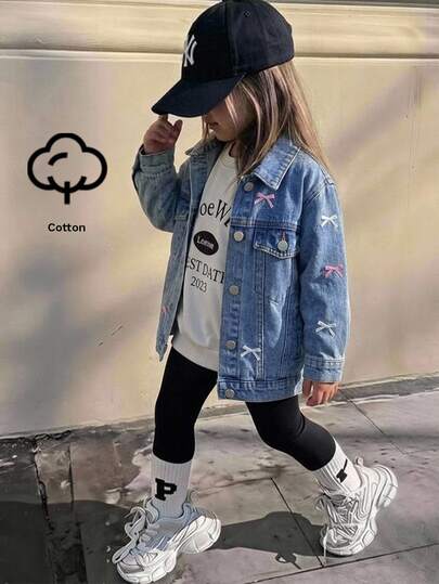 Jaket Denim Kasual Harian untuk Anak Perempuan Muda dengan Bordir Motif Pita, Kancing Tunggal, Gaya Cowgirl