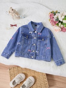 Young Girl Bow Embroidery Pattern Single-Breasted Casual Daily Denim Jacket Cowgirl - Blue - View 5