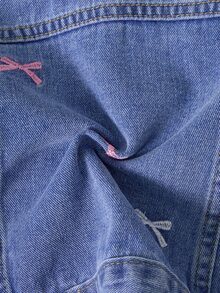 Young Girl Bow Embroidery Pattern Single-Breasted Casual Daily Denim Jacket Cowgirl - Blue - View 7