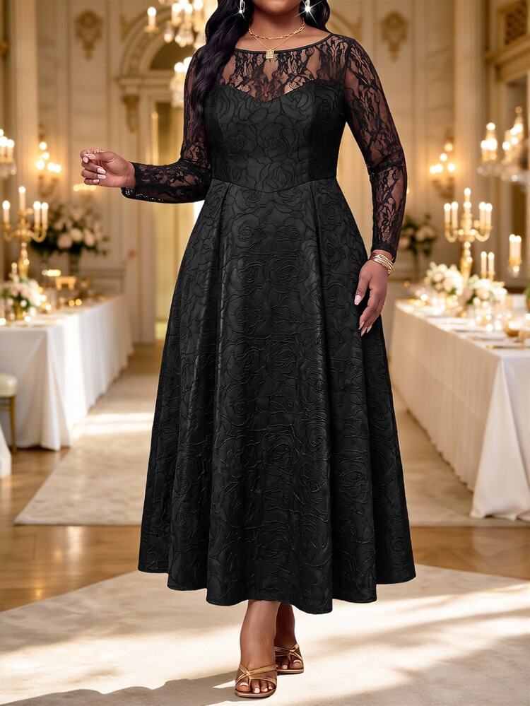 Fleurora Plus Size Women's Contrast Lace Long Sleeve Elegant Formal Dinner Dress Wedding Halloween Formal Evening Black Autumn Outfits For Women - Black - View 4