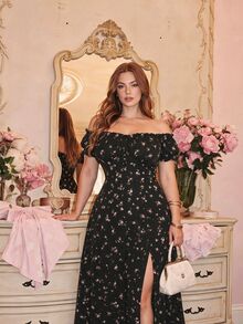 SHEIN MOD Gaun Vintage Hitam Ukuran Besar dengan Bahu Terbuka, Lengan Mengembang, Detail Kerut di Bagian Dada, dan Belahan Samping, Motif Bunga Kecil, Pakaian Liburan Romantis, Gaun Musim Gugur/Musim Dingin - Hitam - View 9