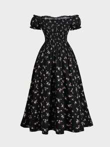 SHEIN MOD Gaun Vintage Hitam Ukuran Besar dengan Bahu Terbuka, Lengan Mengembang, Detail Kerut di Bagian Dada, dan Belahan Samping, Motif Bunga Kecil, Pakaian Liburan Romantis, Gaun Musim Gugur/Musim Dingin - Hitam - View 2