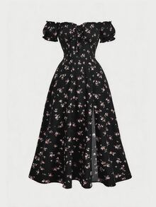 SHEIN MOD Gaun Vintage Hitam Ukuran Besar dengan Bahu Terbuka, Lengan Mengembang, Detail Kerut di Bagian Dada, dan Belahan Samping, Motif Bunga Kecil, Pakaian Liburan Romantis, Gaun Musim Gugur/Musim Dingin - Hitam - View 3