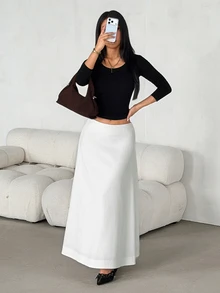 SHEIN PETITE تنورة طويلة نسائية بقصة A-Line واسعة بلون موحد - أبيض - مشاهدة 7