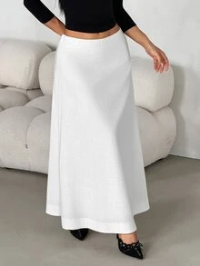 SHEIN PETITE تنورة طويلة نسائية بقصة A-Line واسعة بلون موحد - أبيض - مشاهدة 5