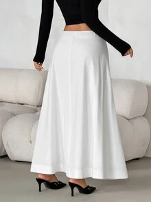 SHEIN PETITE تنورة طويلة نسائية بقصة A-Line واسعة بلون موحد - أبيض - مشاهدة 2