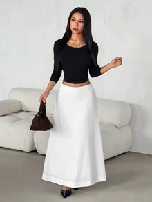 SHEIN PETITE تنورة طويلة نسائية بقصة A-Line واسعة بلون موحد - أبيض - مشاهدة 4