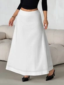 SHEIN PETITE تنورة طويلة نسائية بقصة A-Line واسعة بلون موحد - أبيض - مشاهدة 6