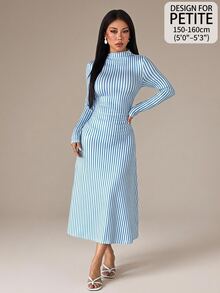SHEIN PETITE Women's Vertical Striped Pattern Fashion Minimalist Coastal Chic Modest Long Sleeve Dress Brunch Beach Tea Party Blue And White Stripe Summer - Blue - View 9
