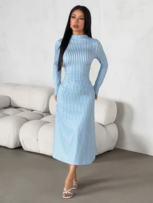 SHEIN PETITE Women's Vertical Striped Pattern Fashion Minimalist Coastal Chic Modest Long Sleeve Dress Brunch Beach Tea Party Blue And White Stripe Summer - Blue - View 4