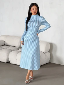 SHEIN PETITE Women's Vertical Striped Pattern Fashion Minimalist Coastal Chic Modest Long Sleeve Dress Brunch Beach Tea Party Blue And White Stripe Summer - Blue - View 3