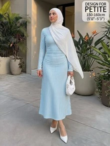SHEIN PETITE Women's Vertical Striped Pattern Fashion Minimalist Coastal Chic Modest Long Sleeve Dress Brunch Beach Tea Party Blue And White Stripe Summer - Blue - View 11