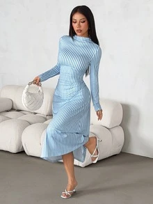 SHEIN PETITE Women's Vertical Striped Pattern Fashion Minimalist Coastal Chic Modest Long Sleeve Dress Brunch Beach Tea Party Blue And White Stripe Summer - Blue - View 8