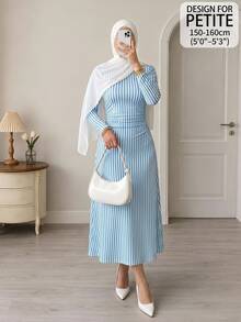 SHEIN PETITE Women's Vertical Striped Pattern Fashion Minimalist Coastal Chic Modest Long Sleeve Dress Brunch Beach Tea Party Blue And White Stripe Summer - Blue - View 1