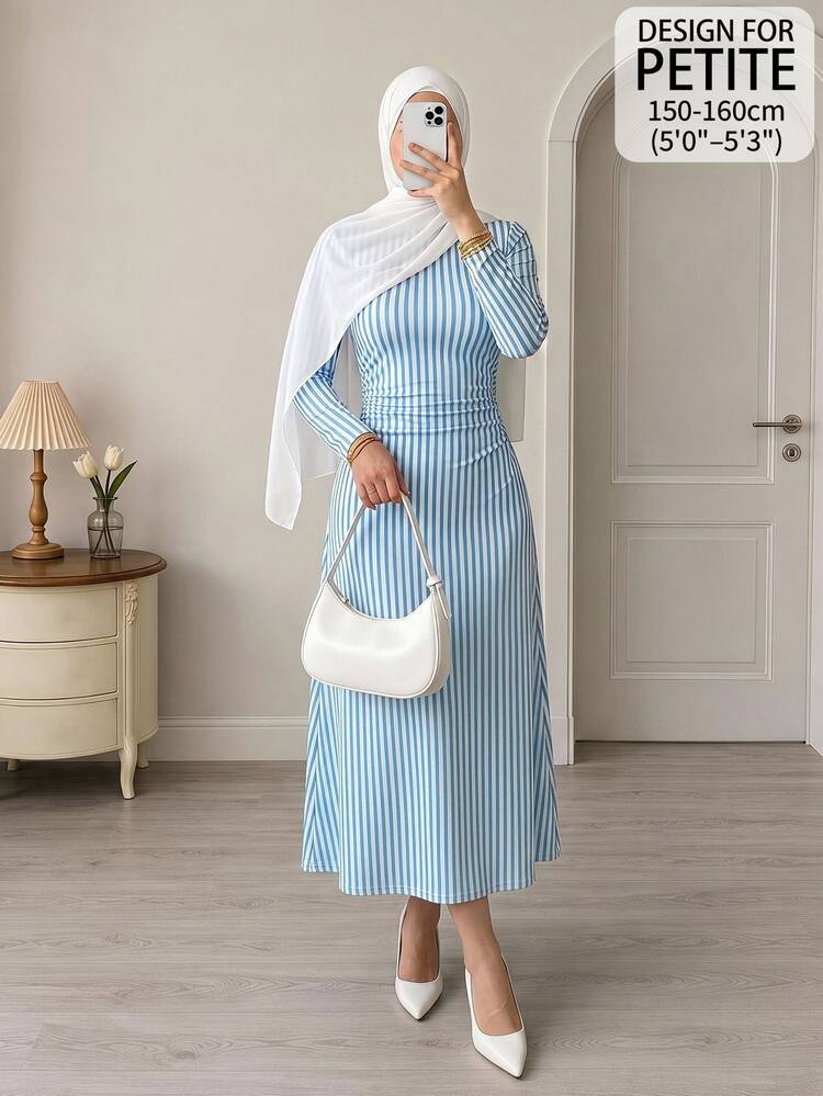 SHEIN PETITE 女款垂直條紋時尚極簡海濱風端莊長袖洋裝，藍白條紋，適合早午餐、海灘、茶會，夏季穿搭 - 藍色 - 查看 1