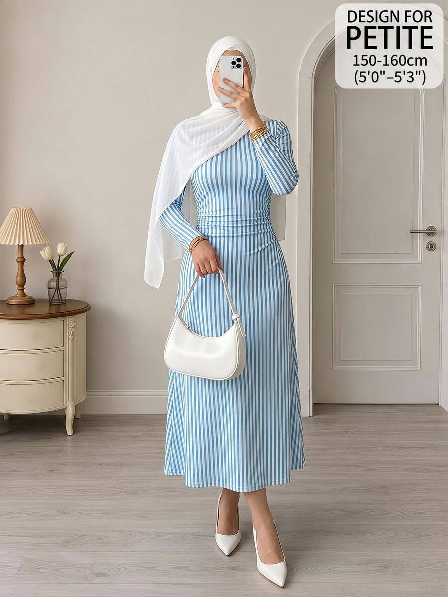 SHEIN PETITE Women's Vertical Striped Pattern Fashion Minimalist Coastal Chic Modest Long Sleeve Dress Brunch Beach Tea Party Blue And White Stripe Summer - Blue - View 1