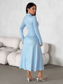 SHEIN PETITE Women's Vertical Striped Pattern Fashion Minimalist Coastal Chic Modest Long Sleeve Dress Brunch Beach Tea Party Blue And White Stripe Summer - Blue - View 2