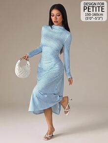 SHEIN PETITE Women's Vertical Striped Pattern Fashion Minimalist Coastal Chic Modest Long Sleeve Dress Brunch Beach Tea Party Blue And White Stripe Summer - Blue - View 10
