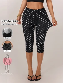 SHEIN PETITE 女款高彈性波點緊身褲，適合度假、運動、日常穿著 - 黑色 - 查看 9