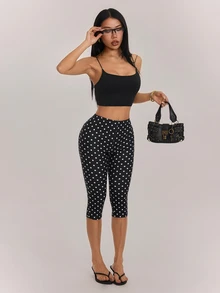SHEIN PETITE 女款高彈性波點緊身褲，適合度假、運動、日常穿著 - 黑色 - 查看 6