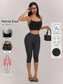 SHEIN PETITE 女款高彈性波點緊身褲，適合度假、運動、日常穿著 - 黑色 - 查看 12
