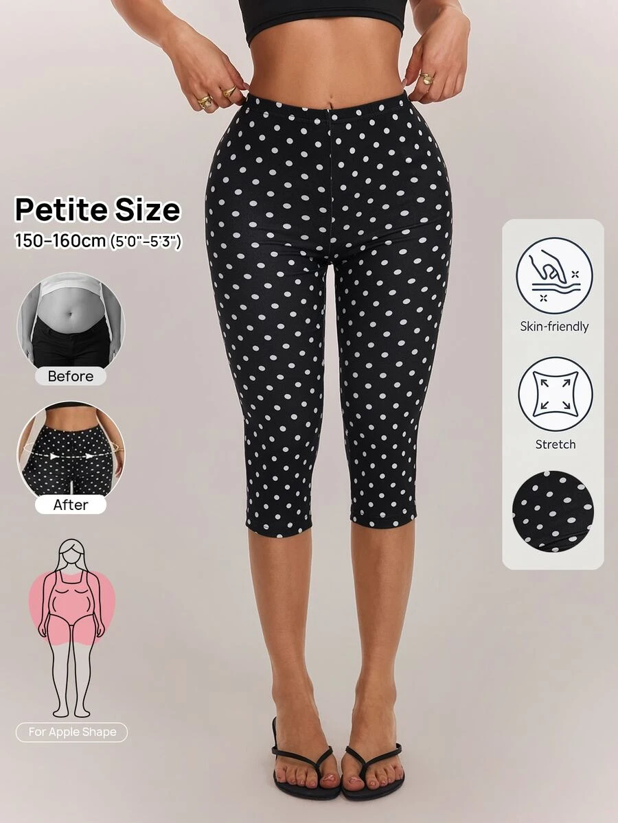 SHEIN PETITE 女款高彈性波點緊身褲,適合度假、運動、日常穿著 - 黑色 - 查看 1
