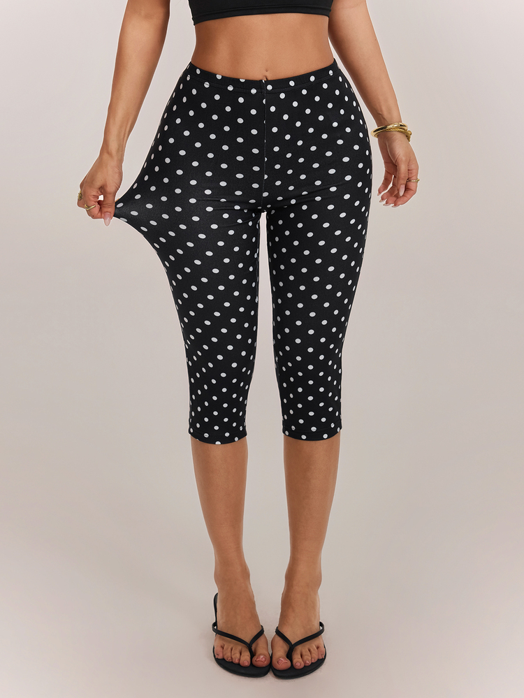SHEIN PETITE Women's High Elastic Polka Dot Leggings Suitable For Holiday, Sports, Daily Wear - Black - View 8