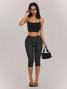 SHEIN PETITE 女款高彈性波點緊身褲，適合度假、運動、日常穿著 - 黑色 - 查看 7