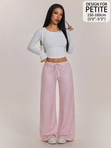 SHEIN PETITE 女款抽繩腰條紋休閒日常穿著長褲 - 彩色 - 查看 8