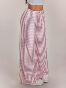 SHEIN PETITE 女款抽繩腰條紋休閒日常穿著長褲 - 彩色 - 查看 4