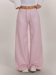 SHEIN PETITE 女款抽繩腰條紋休閒日常穿著長褲 - 彩色 - 查看 7