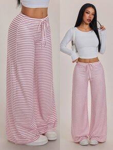 SHEIN PETITE 女款抽繩腰條紋休閒日常穿著長褲 - 彩色 - 查看 1