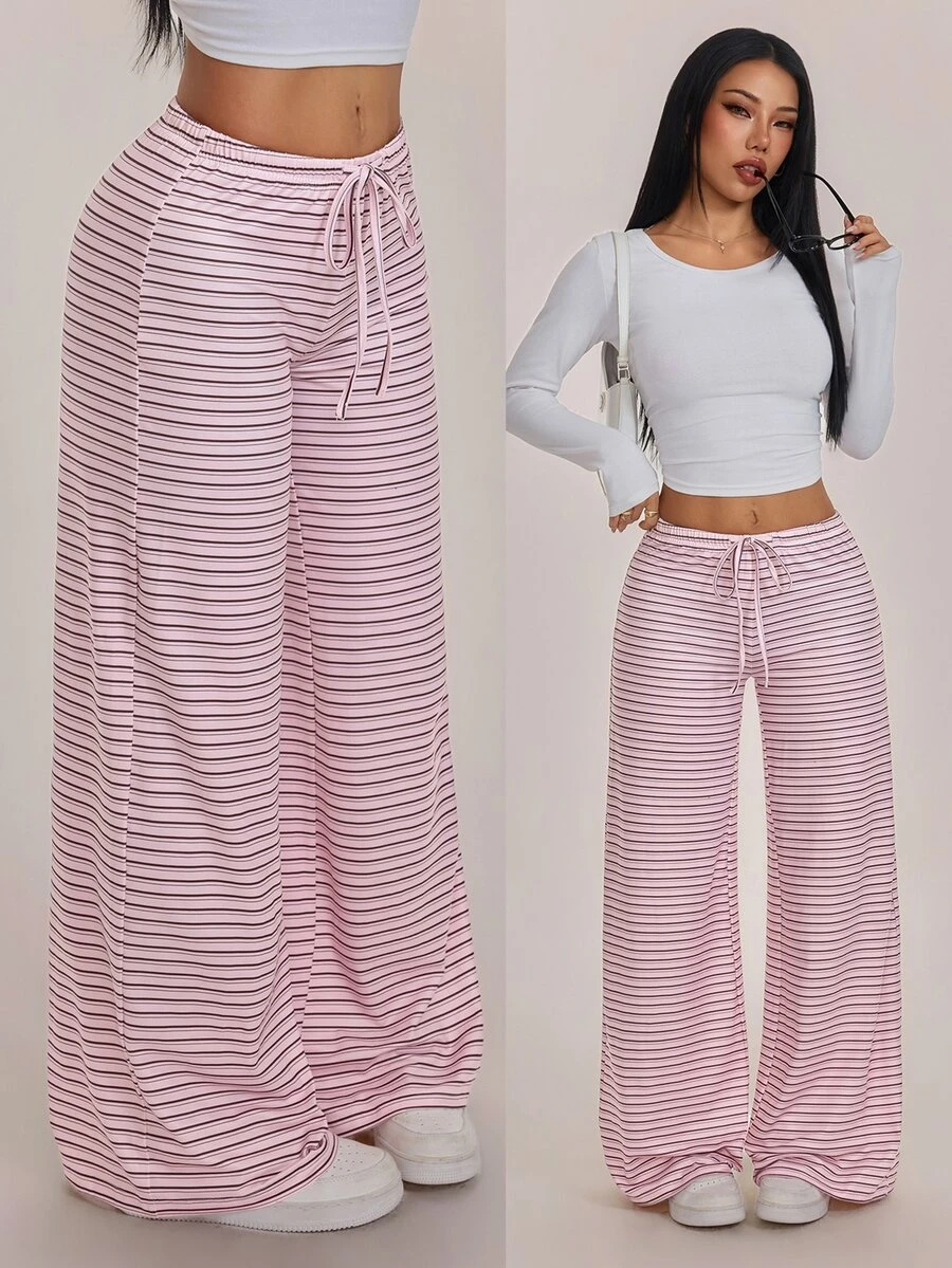 SHEIN PETITE 女款抽繩腰條紋休閒日常穿著長褲 - 彩色 - 查看 1
