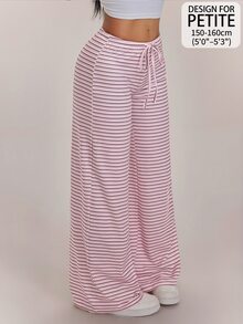 SHEIN PETITE 女款抽繩腰條紋休閒日常穿著長褲 - 彩色 - 查看 9