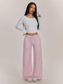 SHEIN PETITE 女款抽繩腰條紋休閒日常穿著長褲 - 彩色 - 查看 5
