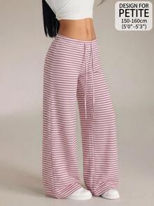 SHEIN PETITE 女款抽繩腰條紋休閒日常穿著長褲 - 彩色 - 查看 12
