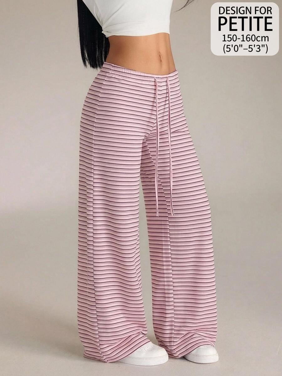 SHEIN PETITE Women's Drawstring Waist Striped Casual Daily Wear Long Pants - Multicolor - View 1