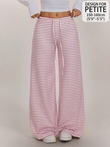 SHEIN PETITE 女款抽繩腰條紋休閒日常穿著長褲 - 彩色 - 查看 11