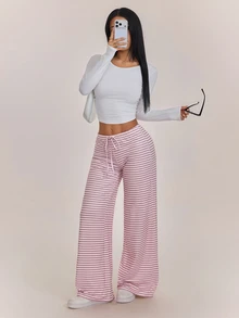 SHEIN PETITE 女款抽繩腰條紋休閒日常穿著長褲 - 彩色 - 查看 6