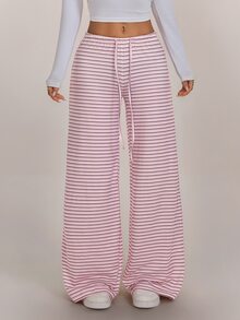 SHEIN PETITE 女款抽繩腰條紋休閒日常穿著長褲 - 彩色 - 查看 3