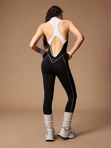 VARSIVA Women's Colorblock Zipper Front Casual Sleeveless Sports Jumpsuit - Black and White - View 6