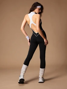 VARSIVA Women's Colorblock Zipper Front Casual Sleeveless Sports Jumpsuit - Black and White - View 8