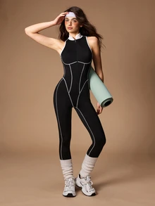 VARSIVA Women's Colorblock Zipper Front Casual Sleeveless Sports Jumpsuit - Black and White - View 9