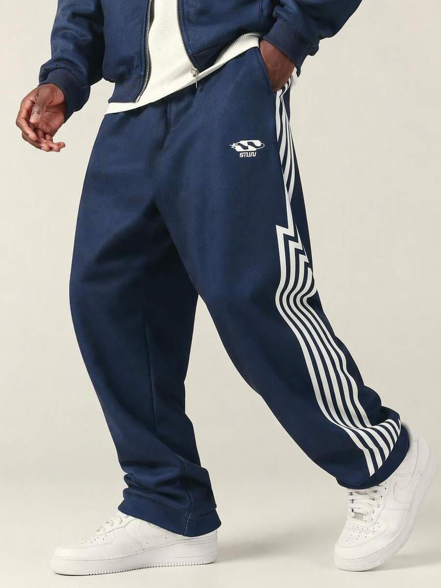 SUMWON STWN Wide Leg Track Pants With Zigzag Side Stripe Detail Elasticated Waist Full Length Relaxed Fit Side Pockets Navy - Navy Blue - View 1