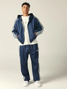 SUMWON STWN Wide Leg Track Pants With Zigzag Side Stripe Detail Elasticated Waist Full Length Relaxed Fit Side Pockets Navy - Navy Blue - View 6