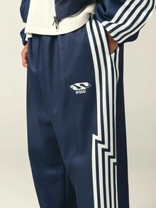 SUMWON STWN Wide Leg Track Pants With Zigzag Side Stripe Detail Elasticated Waist Full Length Relaxed Fit Side Pockets Navy - Navy Blue - View 5