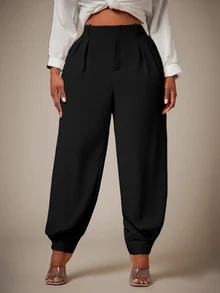 Radiana Plus Size Women Spring/Summer Fashion Minimalist Casual Elegant Commute Elastic Waistband Cuffed Hem Pants, Suitable For Urban Office Formal Black - Black - View 6